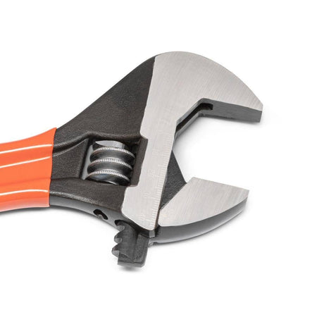 A detailed close-up of the black oxide Crescent adjustable wrench head, showcasing the precision-machined adjustable hex jaw and the high-visibility laser-etched metric scale for fast fastener sizing up to 40mm.