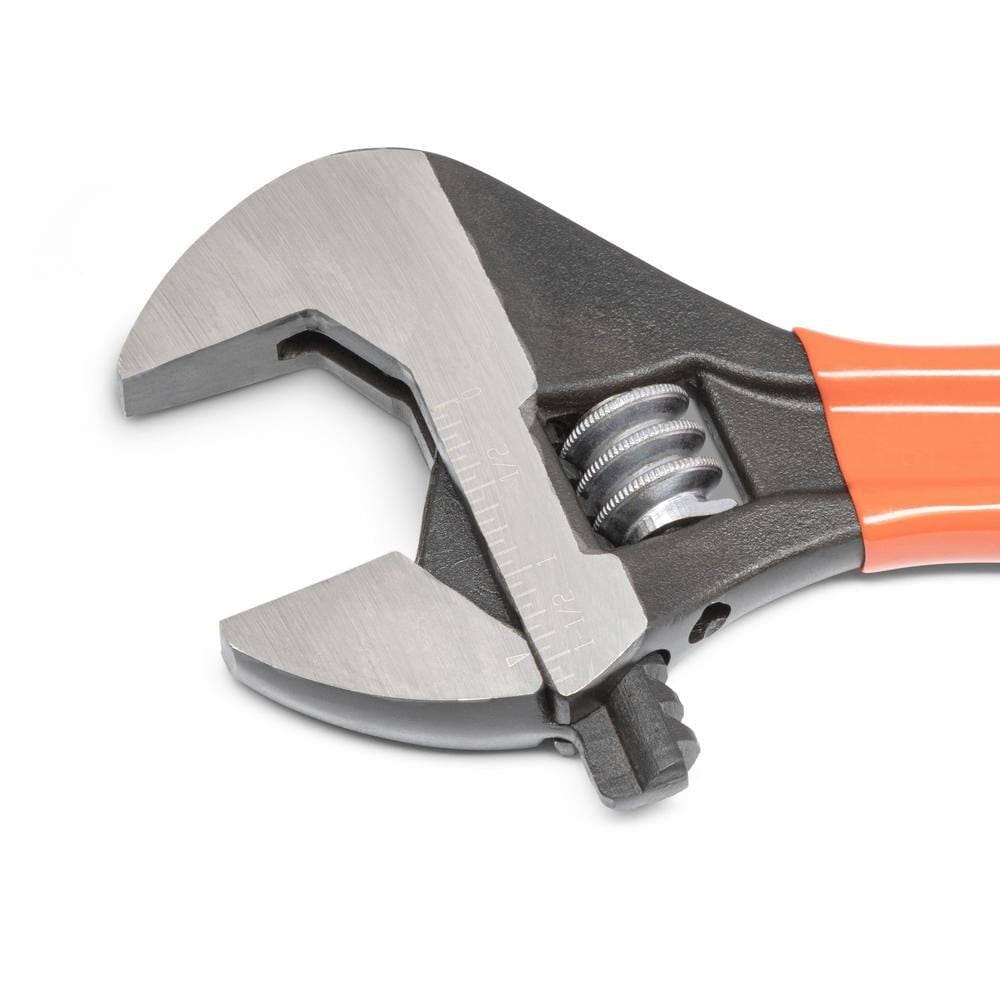 A close-up view of the Crescent 12-inch adjustable wrench head from the opposite side, highlighting the laser-etched fractional SAE scale and the durable black oxide coating designed for corrosion resistance.