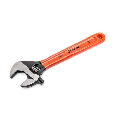 The Crescent AT212CVS 12-inch heavy-duty adjustable wrench with an orange cushion grip handle, displayed at an angle to emphasize its wide 1-1/2 inch jaw capacity and forged alloy steel body.