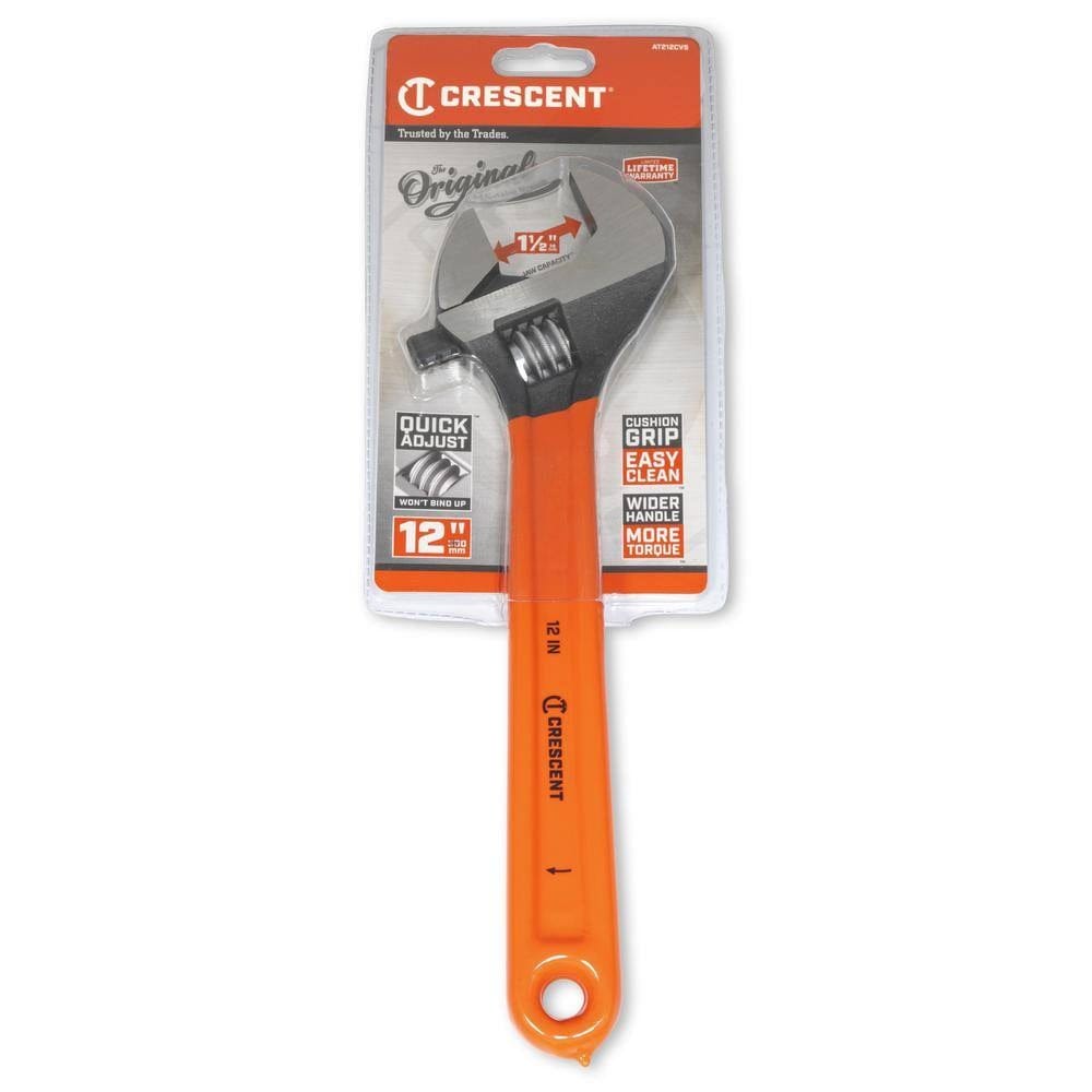 The Crescent AT212CVS 12-inch adjustable wrench secured in its original red and white retail carded packaging, highlighting its lifetime warranty and wide 1-1/2 inch opening capacity.