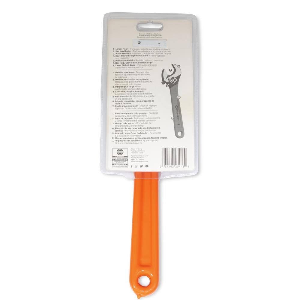 The back of the retail packaging for the Crescent 12-inch black oxide adjustable wrench, listing key professional features in multiple languages including the heat-treated forged alloy steel and laser-etched scale.