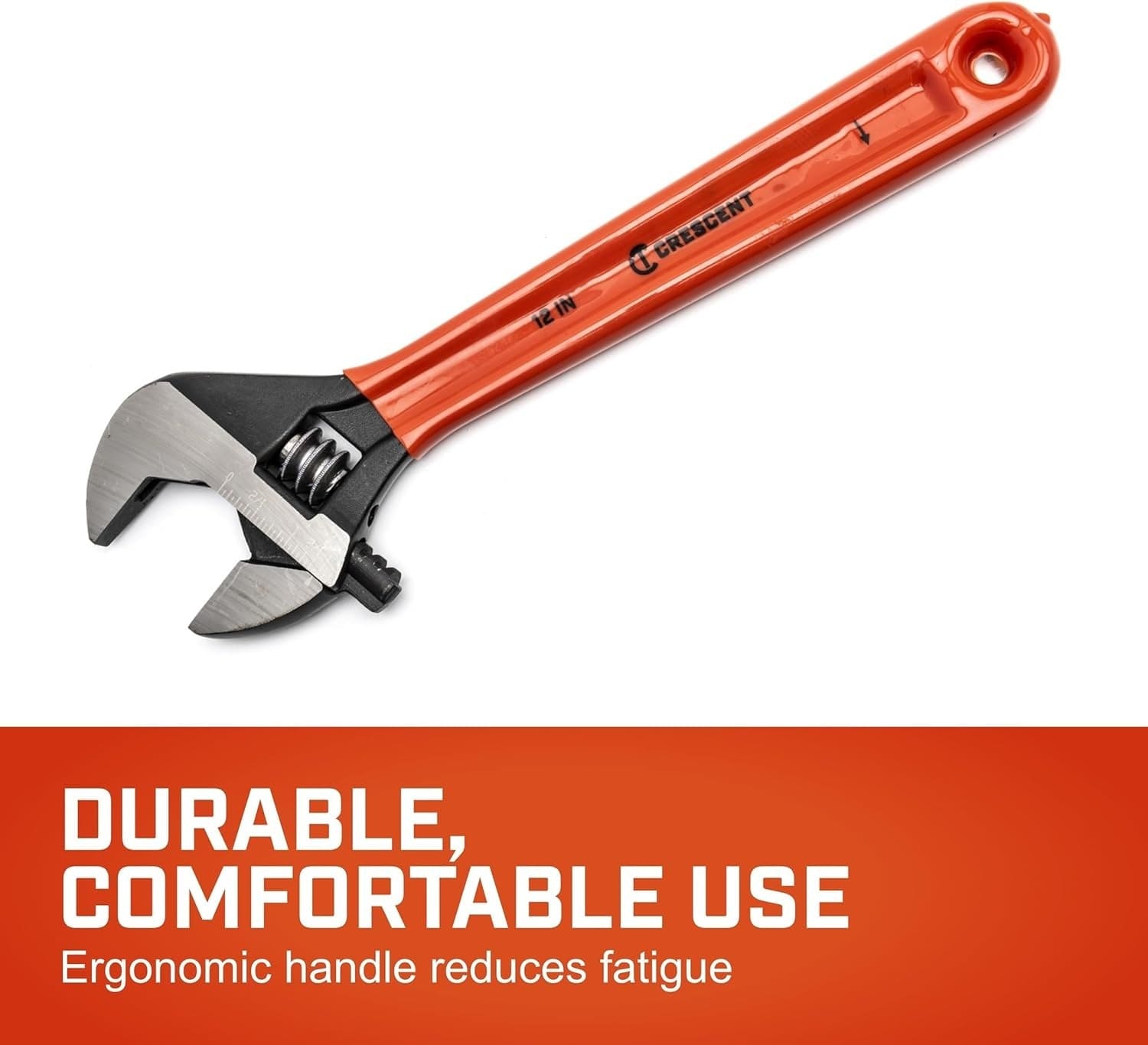 A promotional marketing graphic for the Crescent adjustable wrench featuring bold text stating durable, comfortable use and ergonomic handle reduces fatigue against a bright orange background.