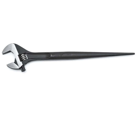 A professional studio profile view of the Crescent AT215SPUD 16-inch adjustable construction spud wrench, featuring a corrosion-resistant black oxide finish and a long, round tapered tang handle for bolt hole alignment, shown against a clean white background.