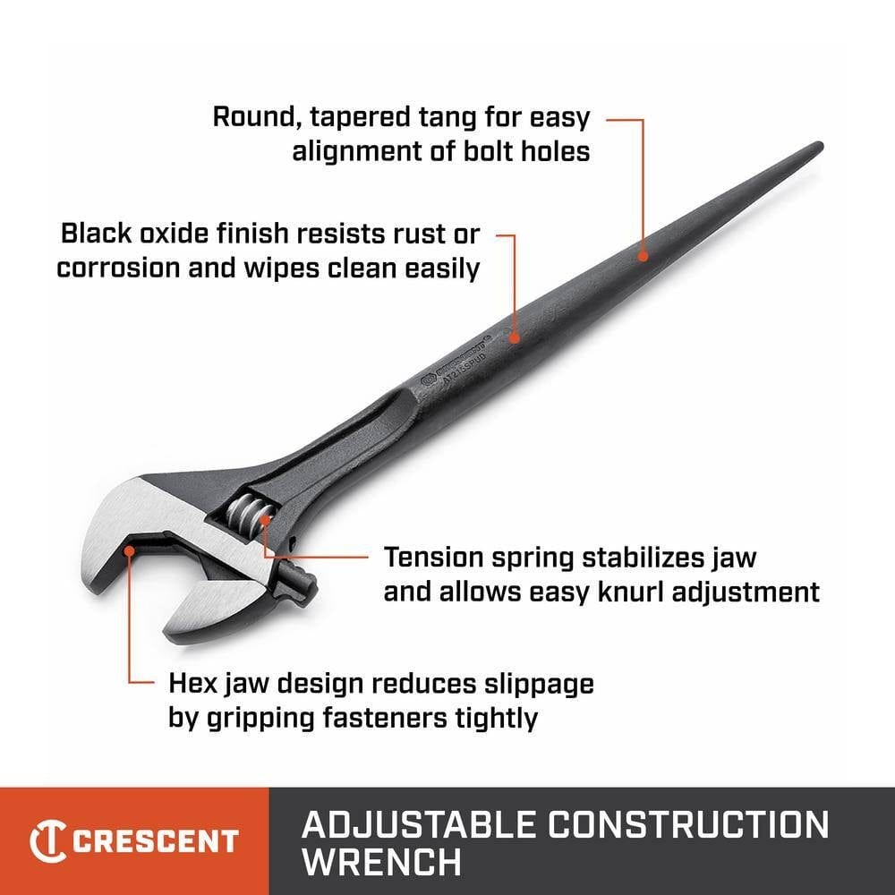 An informational feature callout diagram for the Crescent 16-inch construction spud wrench, highlighting the round tapered tang for easy alignment, the stabilizing tension spring for smooth knurl adjustment, and the anti-slip hex jaw design.