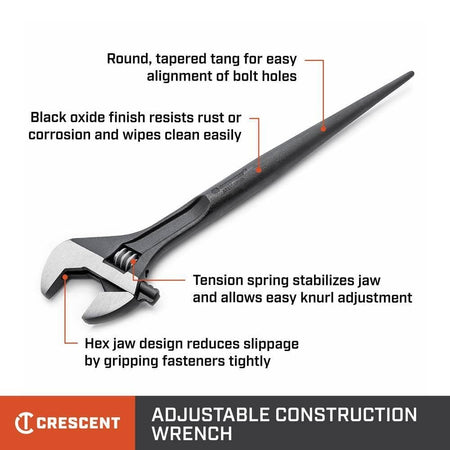An informational feature callout diagram for the Crescent 16-inch construction spud wrench, highlighting the round tapered tang for easy alignment, the stabilizing tension spring for smooth knurl adjustment, and the anti-slip hex jaw design.