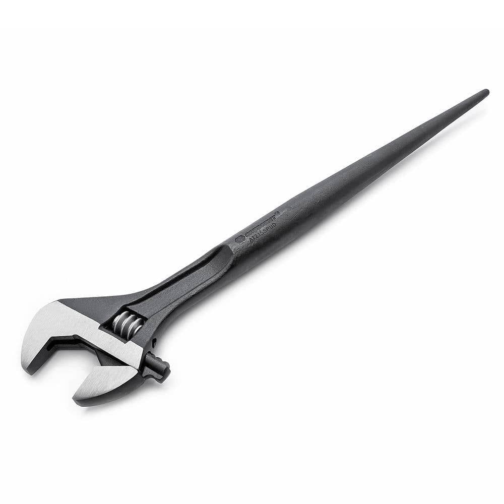 A detailed angled view of the Crescent 16-inch adjustable construction wrench, showcasing the durable forged alloy steel body and the high-visibility laser-etched metric and SAE scales on the wrench head.