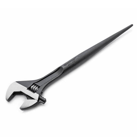 A detailed angled view of the Crescent 16-inch adjustable construction wrench, showcasing the durable forged alloy steel body and the high-visibility laser-etched metric and SAE scales on the wrench head.