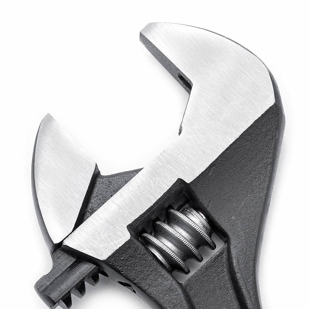 A close-up view of the adjustable wrench head on the Crescent AT215SPUD, displaying the precision-machined adjustable jaw and the rugged black oxide finish designed for industrial structural steel environments.