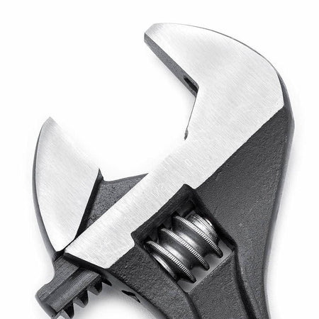 A close-up view of the adjustable wrench head on the Crescent AT215SPUD, displaying the precision-machined adjustable jaw and the rugged black oxide finish designed for industrial structural steel environments.