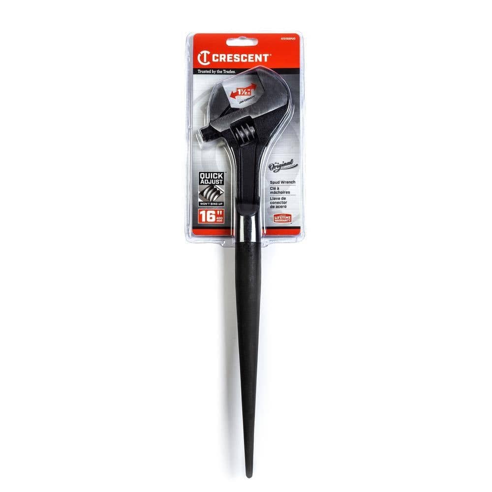 The Crescent AT215SPUD 16-inch heavy-duty adjustable construction spud wrench secured in its original red and white retail carded packaging, emphasizing its 1-1/2 inch wide mouth jaw capacity.