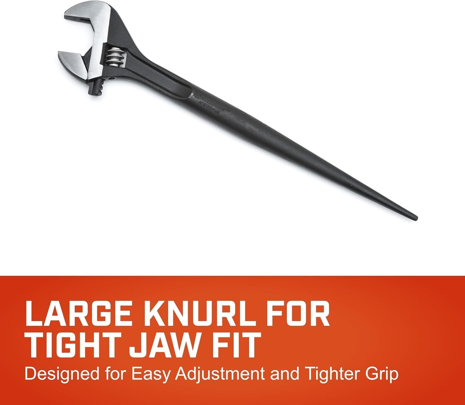 A marketing graphic for the Crescent construction spud wrench with bold text stating large knurl for tight jaw fit, highlighting the oversized adjustment mechanism designed for easy use with work gloves.