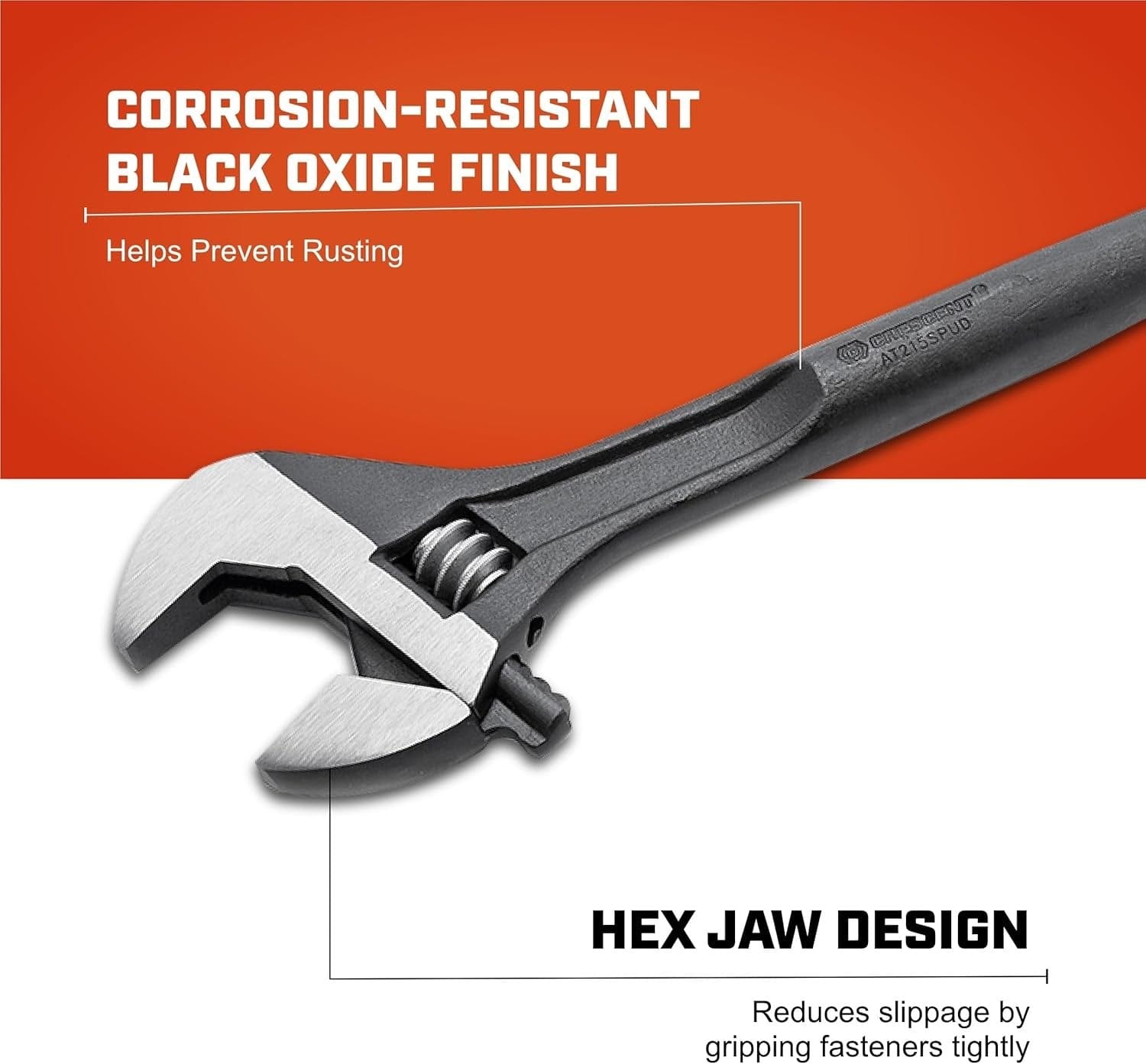 An informational graphic highlighting the corrosion-resistant black oxide finish and hex jaw design of the Crescent construction wrench, stating it helps prevent rusting and reduces slippage on fasteners.