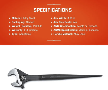 A detailed technical specifications list for the Crescent AT215SPUD 16-inch wrench, detailing its alloy steel construction, 2.35-pound weight, jaw width of 3.98 inches, and full lifetime warranty.