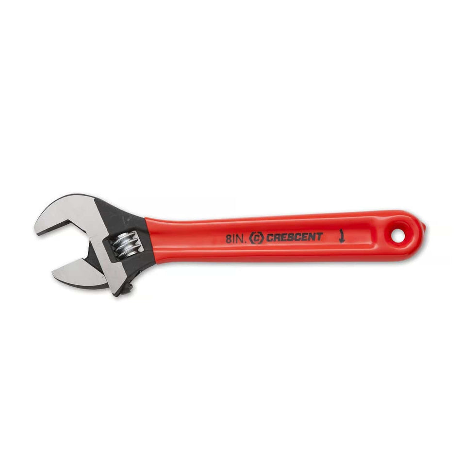 A professional studio profile shot of the Crescent AT28CVS 8-inch adjustable wrench featuring a corrosion-resistant black oxide finish and a bright orange ergonomic cushion grip handle, shown against a clean white background.