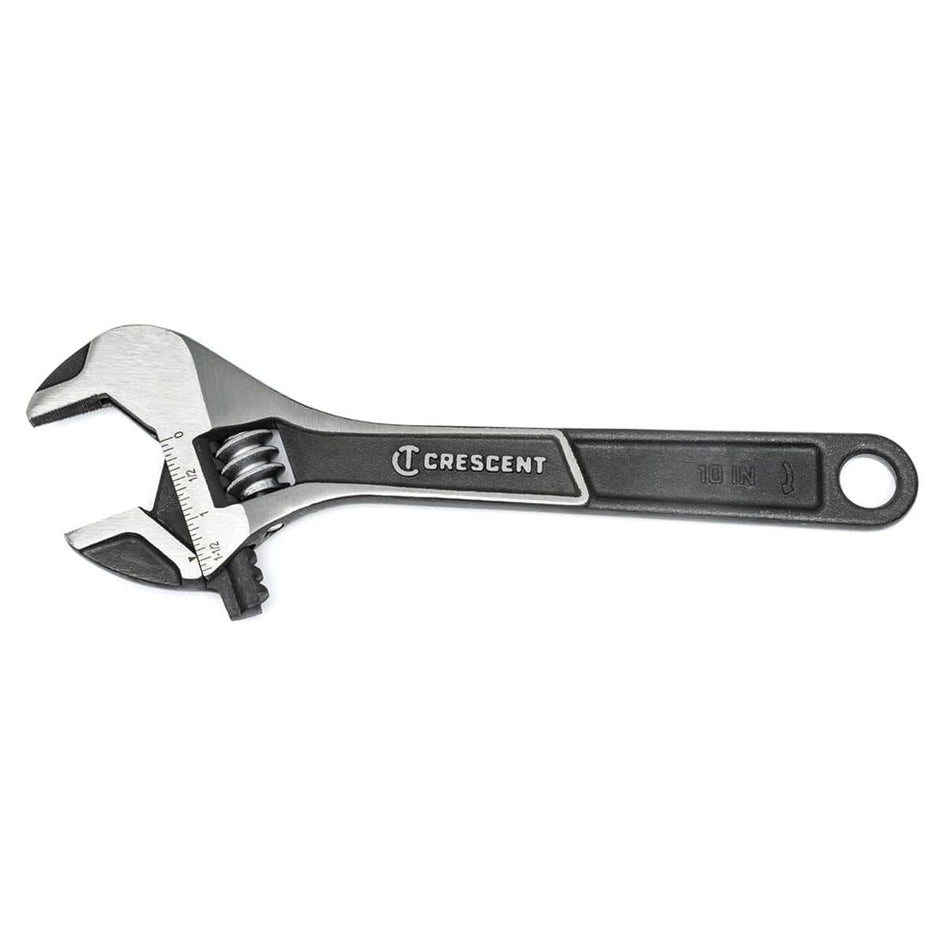 A horizontal studio product photograph of the Crescent ATWJ210 10-inch adjustable wrench, showcasing its black phosphate corrosion-resistant handle finish, laser-etched metric and SAE jaw size scale, and polished steel jaw face against a white background.