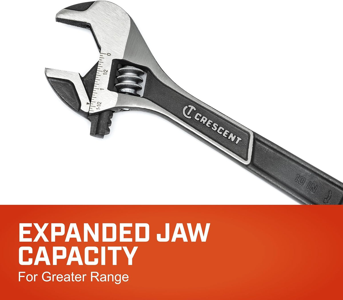 An e-commerce product graphic focusing on the head of the Crescent 10-inch wrench, featuring a bold red lower banner with white text reading Expanded Jaw Capacity For Greater Range.