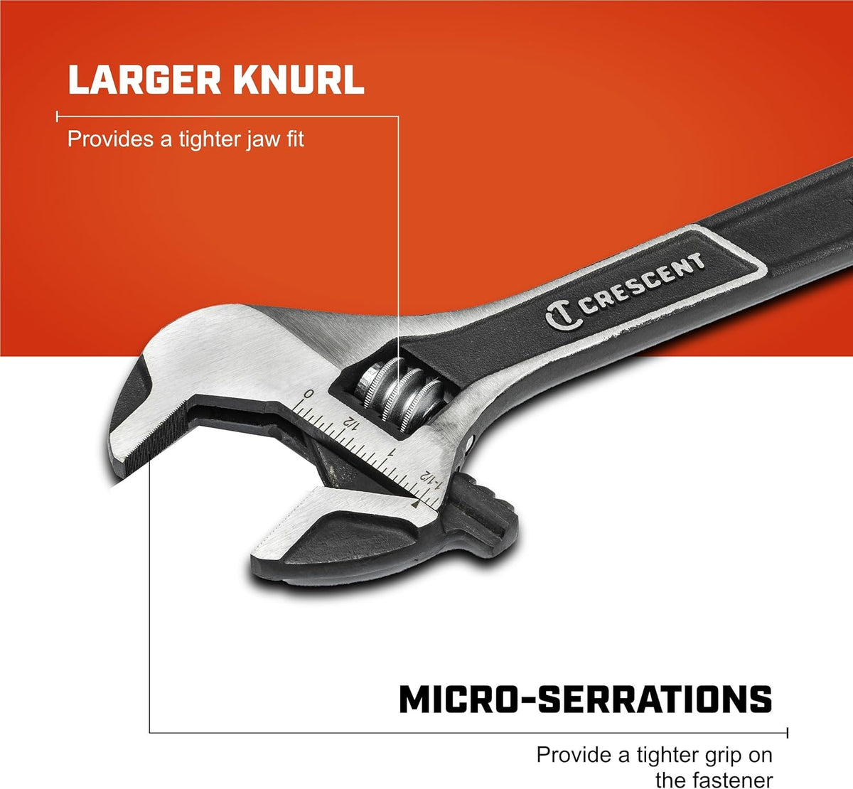 A detailed product diagram of the opened Crescent adjustable spanner head, with callout text highlights pointing to the larger adjustment knurl wheel for a tighter jaw fit and the micro-serrations on the jaw flats to provide a tighter grip on fasteners.