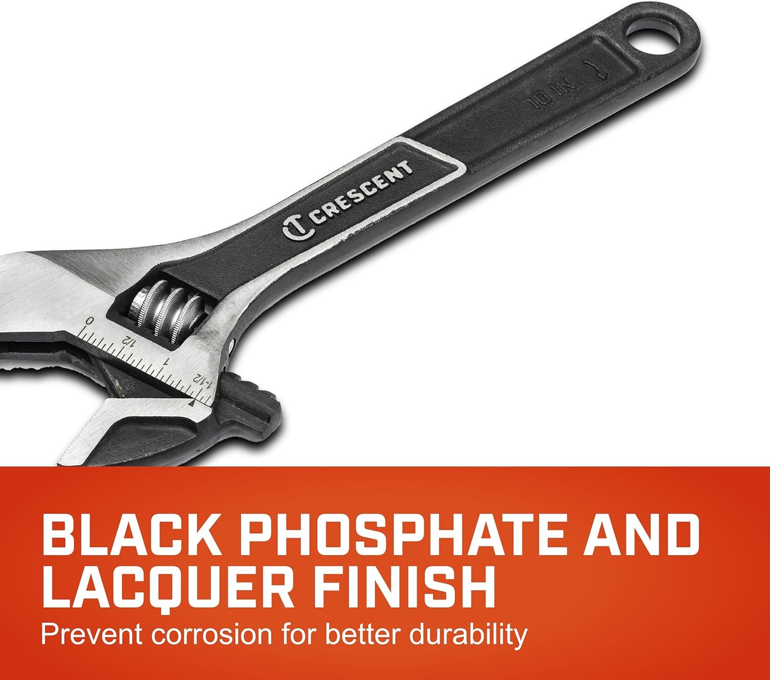 A close-up promotional graphic of the crescent wrench body resting at an angle, anchored by a bold red lower banner with white marketing text that reads Black Phosphate and Lacquer Finish Prevent corrosion for better durability.