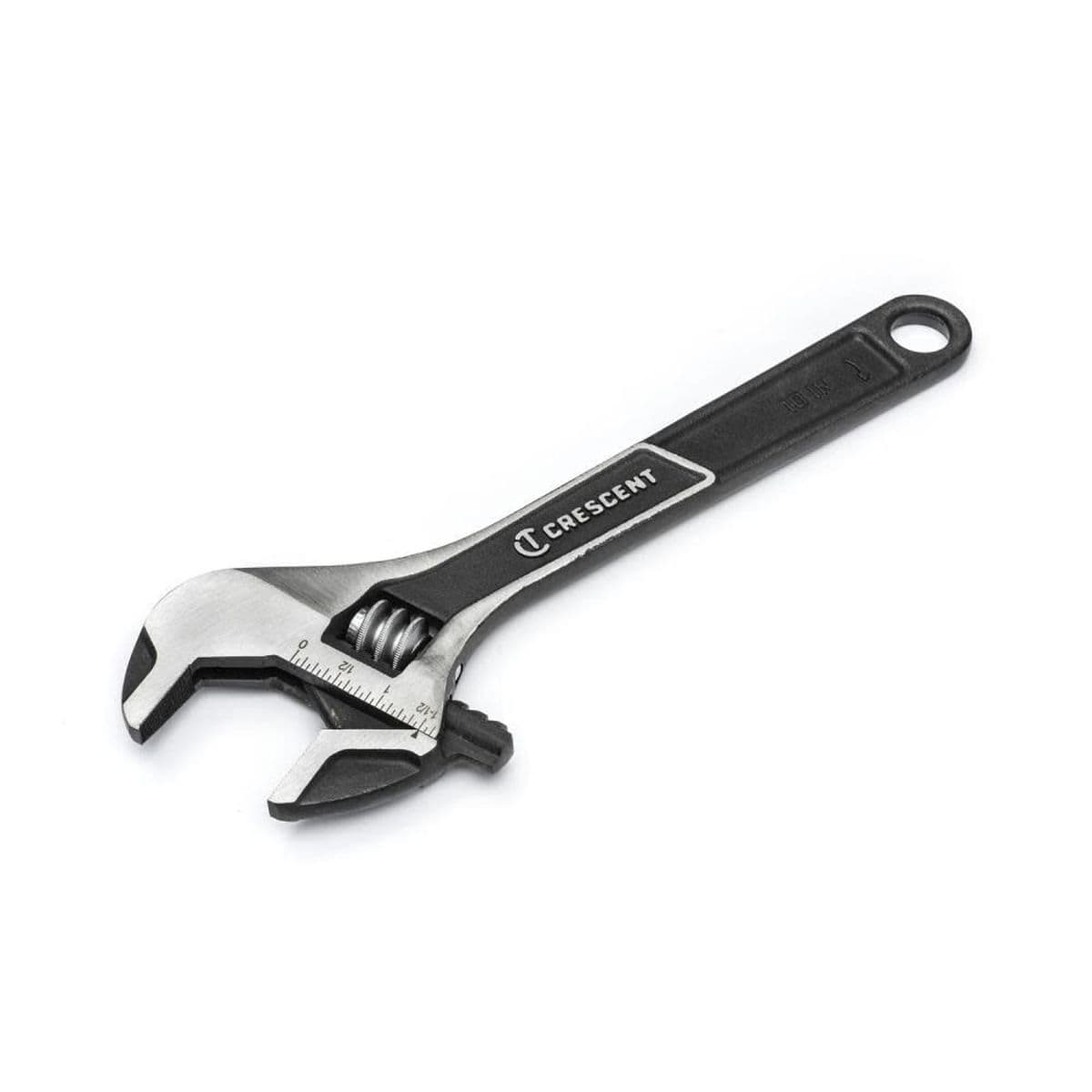 An angled studio perspective shot looking down at the complete 10-inch Crescent wide jaw adjustable wrench, displaying the embossed Crescent brand name across the central handle groove.