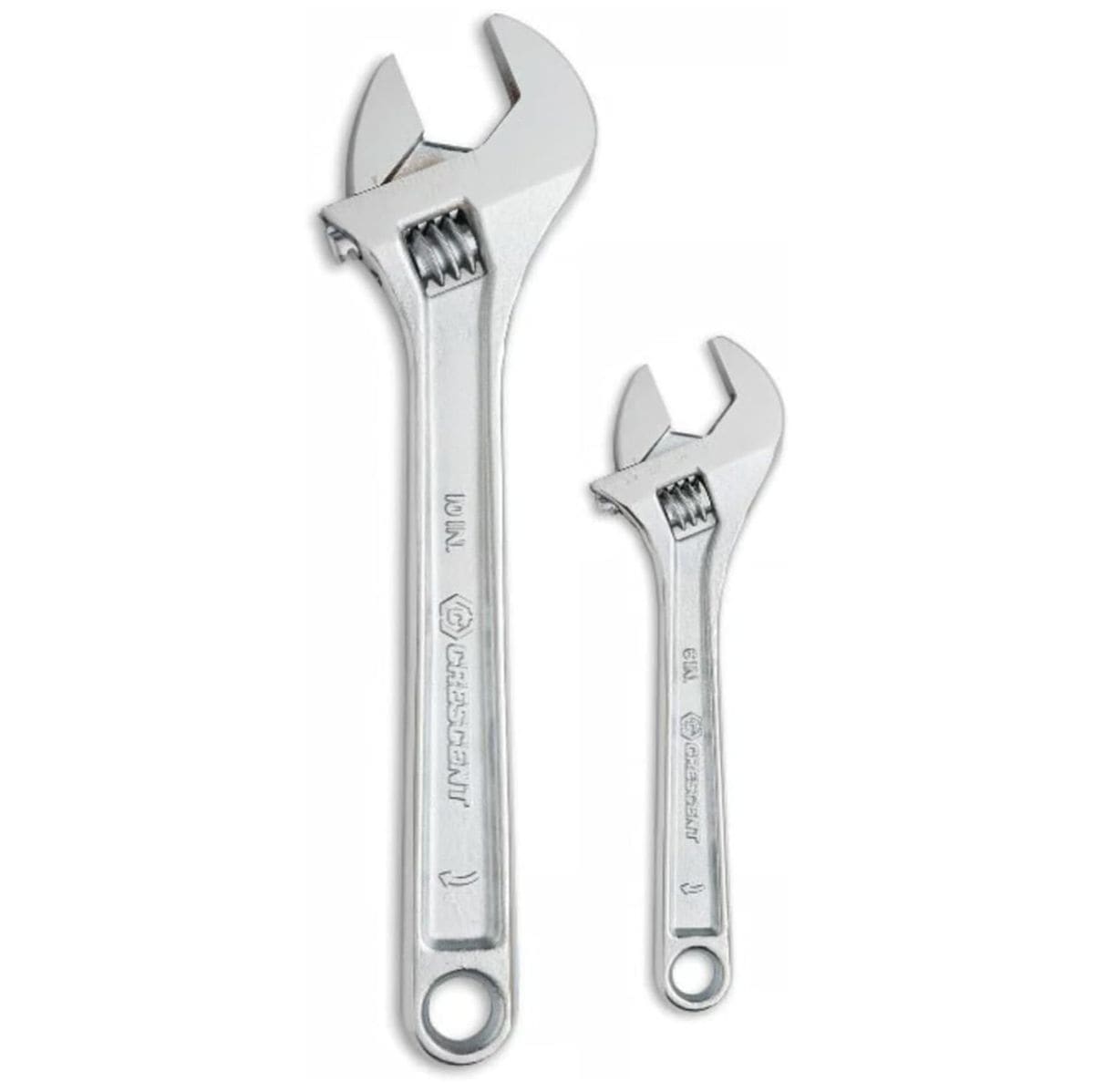 Crescent AC2610VS adjustable wrench set featuring a 10-inch and a 6-inch chrome plated wrench standing vertically on a white background. Both hand tools showcase their forged alloy steel jaws, smooth knurl adjustment wheels, and stamped handle sizes for automotive and plumbing applications.