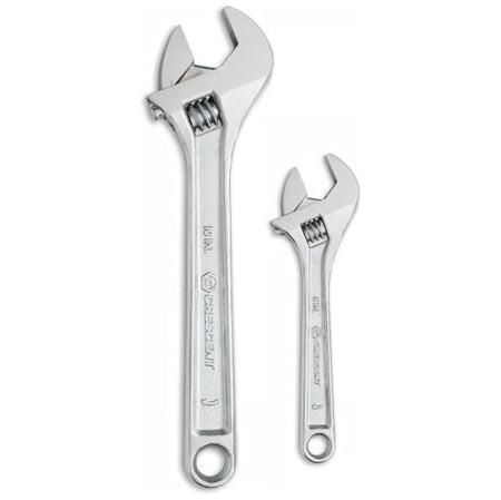 Crescent AC2610VS adjustable wrench set featuring a 10-inch and a 6-inch chrome plated wrench standing vertically on a white background. Both hand tools showcase their forged alloy steel jaws, smooth knurl adjustment wheels, and stamped handle sizes for automotive and plumbing applications.