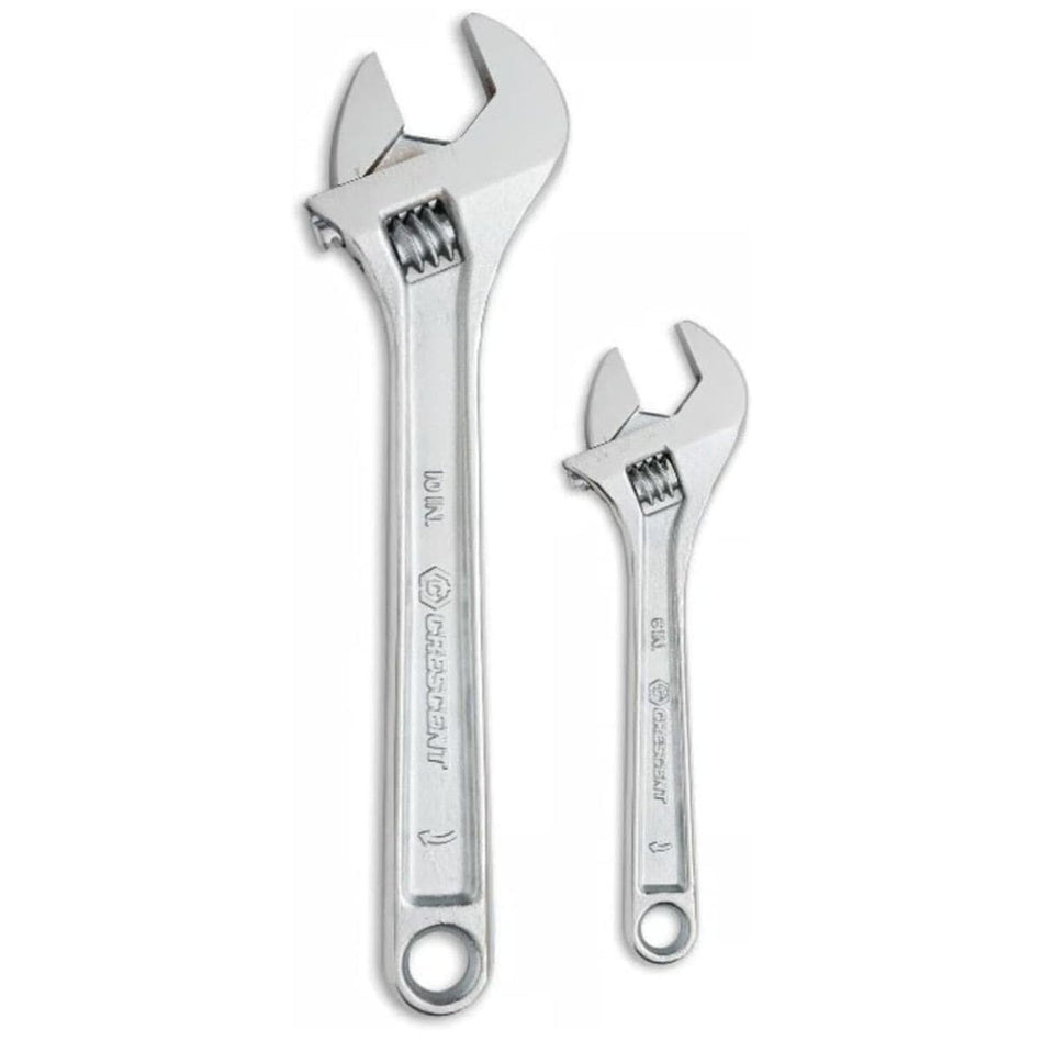 Crescent AC2610VS adjustable wrench set featuring a 10-inch and a 6-inch chrome plated wrench standing vertically on a white background. Both hand tools showcase their forged alloy steel jaws, smooth knurl adjustment wheels, and stamped handle sizes for automotive and plumbing applications.