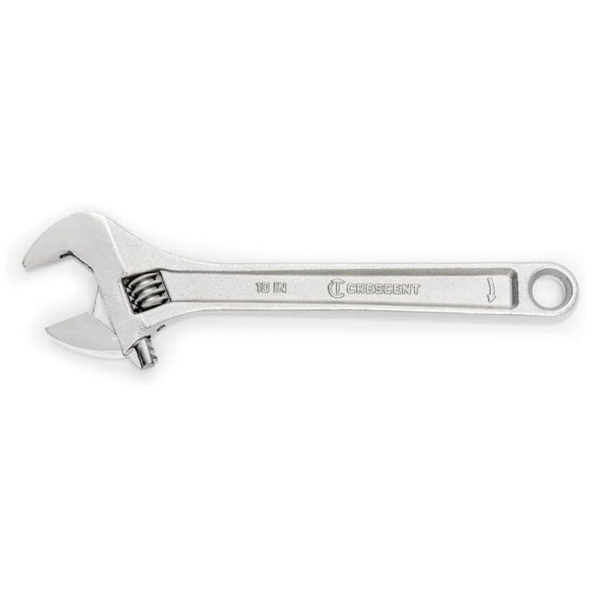 A horizontal profile shot of the 10-inch Crescent adjustable wrench from the AC2610VS set. The image details the satin chrome finish alloy steel handle, full polish head, and clearly visible 10 IN stamp, optimized for heavy-duty mechanical leverage.
