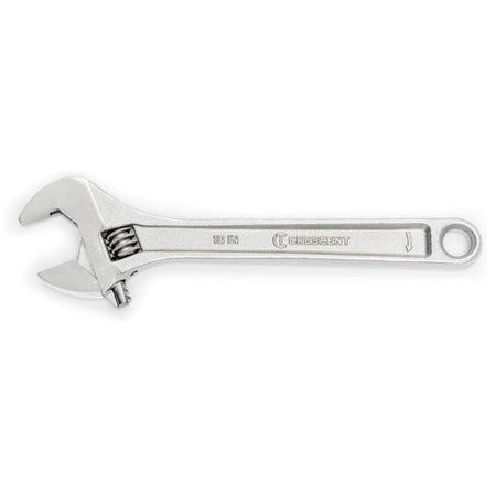 A horizontal profile shot of the 10-inch Crescent adjustable wrench from the AC2610VS set. The image details the satin chrome finish alloy steel handle, full polish head, and clearly visible 10 IN stamp, optimized for heavy-duty mechanical leverage.