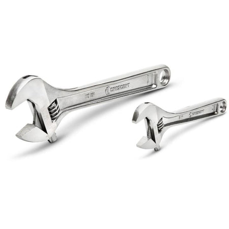 An angled studio shot of the Crescent AC2610VS 2-piece adjustable wrench set against a crisp white background. The 10-inch and 6-inch forged alloy steel tools are laid out to display their wide handles and specialized hex jaw profile designed to prevent fastener rounding.
