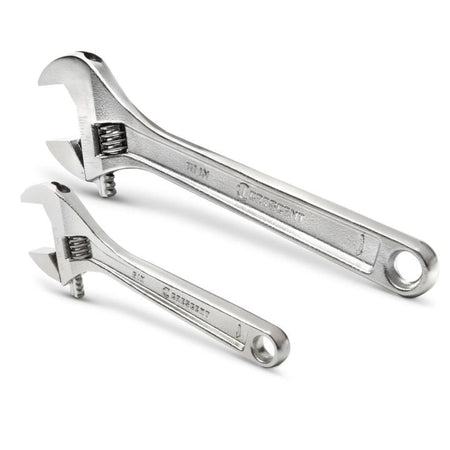 An alternative perspective view of the Crescent AC2610VS adjustable wrench set, showing the 6-inch and 10-inch hand tools resting parallel on their sides. This composition emphasizes the sleek satin chrome body finish and polished head profile preferred by trade professionals.