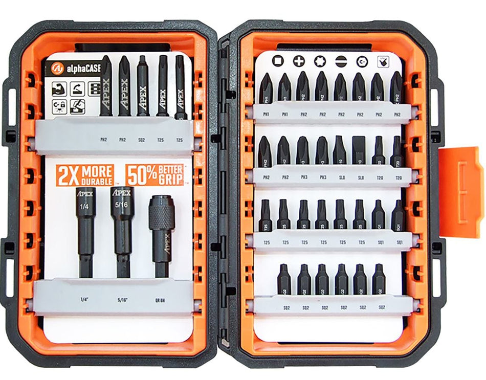 Direct overhead view of the open bit set, showcasing the internal organization with nut setters and 2-inch power bits on the left, and multiple rows of 1-inch insert bits on the right, all secured in labeled rails.