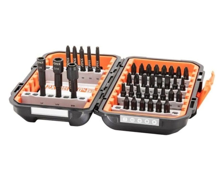 Angled studio shot of the open Crescent Apex bit set, displaying the black and orange AlphaCase filled with 38 impact-rated fastening bits and nut setters arranged in pivoting rails.