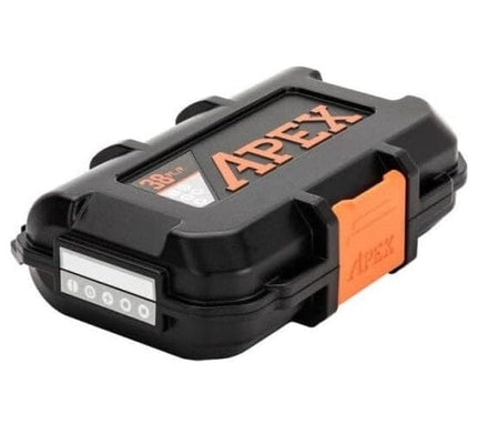 Angled view of the closed AlphaCase storage container, featuring a rugged black exterior with large raised orange "APEX" lettering and a secure orange side latch.