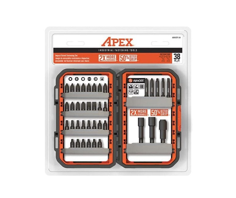 Retail packaging view showing the 38-piece fastening set open within a clear blister pack, mounted on a card that highlights "Impact Rated Fastening Set" and "2X More Durable".