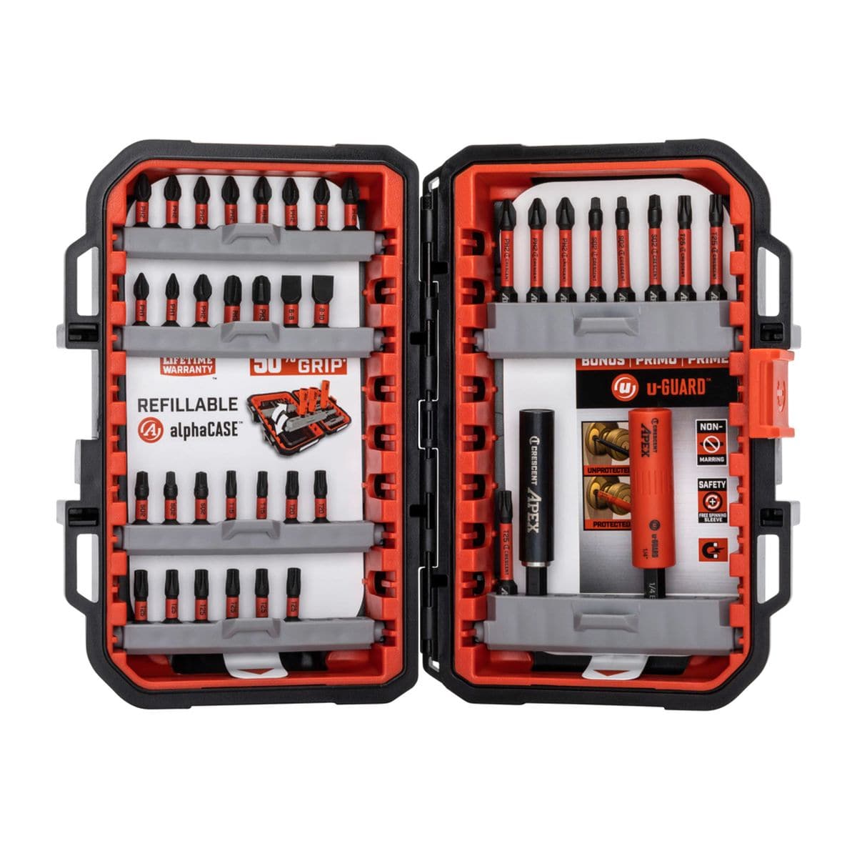 Direct overhead view of the open bit set, showcasing the internal organization with nut setters and 2-inch power bits on the left, and multiple rows of 1-inch insert bits on the right, all secured in labeled rails.