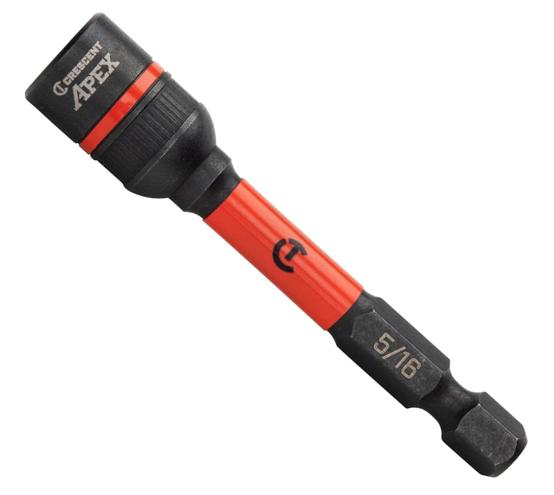 Perspective view of the Crescent Apex Bolt Biter 5/16-inch impact bolt extractor nut driver showing the durable black oxide finish and the high-visibility orange sleeve with 1/4 inch hex shank.