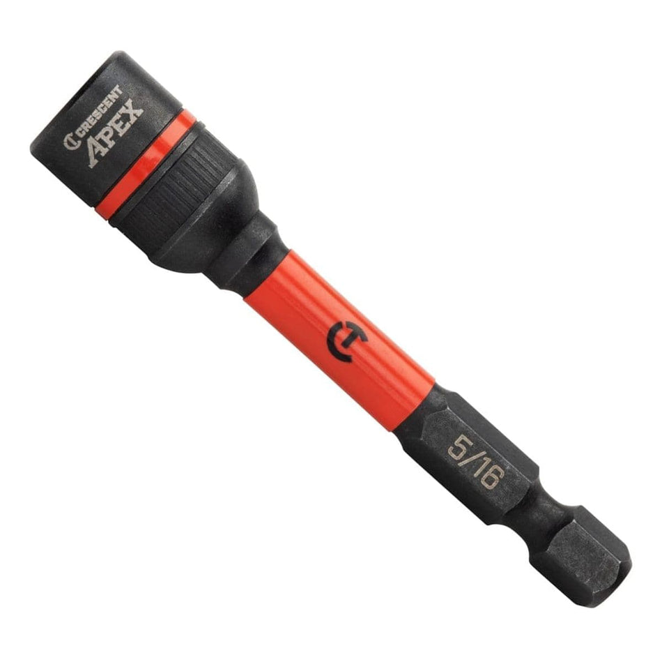 Perspective view of the Crescent Apex Bolt Biter 5/16-inch impact bolt extractor nut driver showing the durable black oxide finish and the high-visibility orange sleeve with 1/4 inch hex shank.