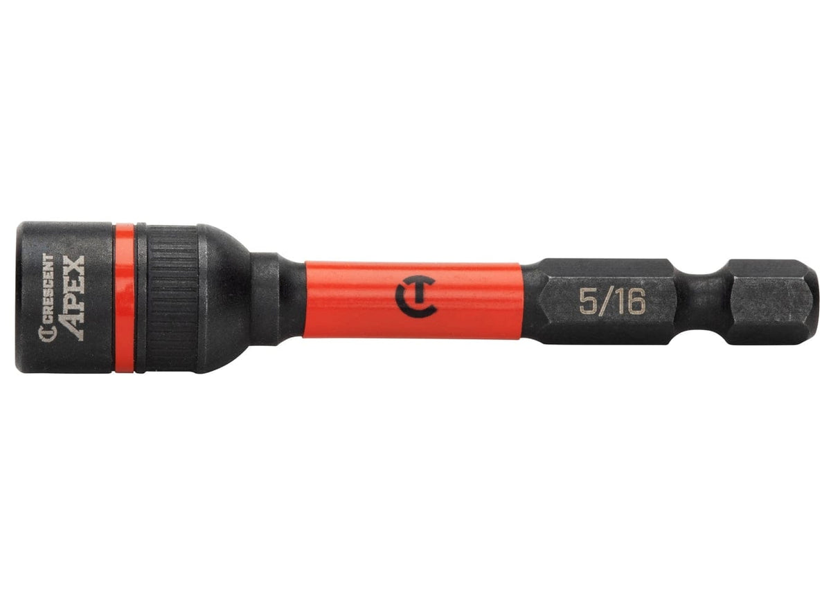 A side profile of the Crescent Apex Bolt Biter 5/16 inch nut driver demonstrating the tapered design and professional-grade impact-rated construction for removing damaged fasteners.