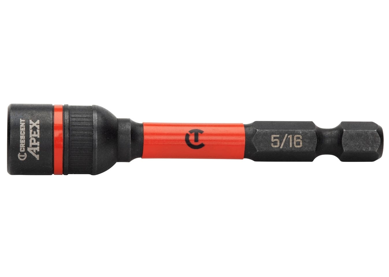 A side profile of the Crescent Apex Bolt Biter 5/16 inch nut driver demonstrating the tapered design and professional-grade impact-rated construction for removing damaged fasteners.