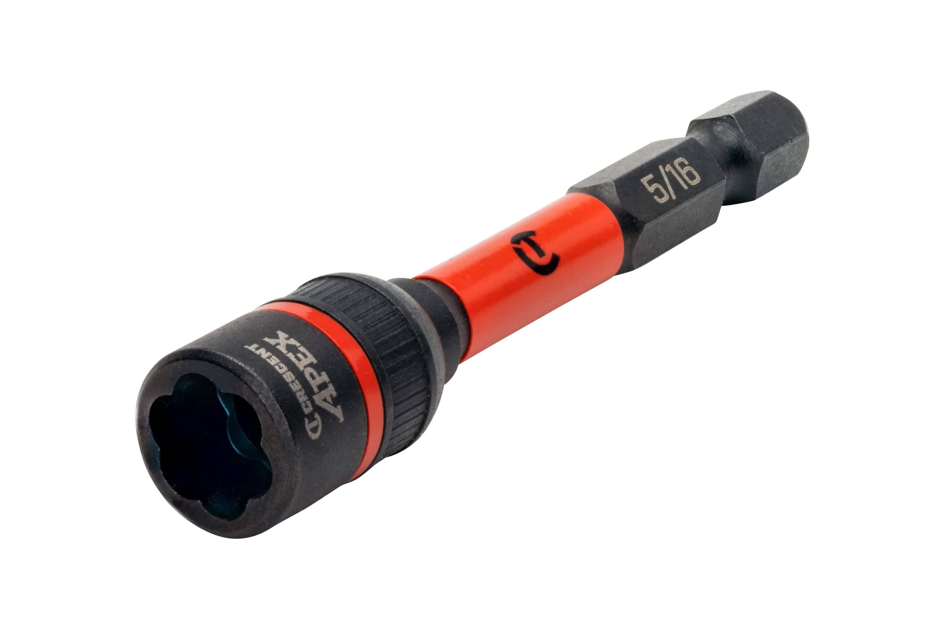 Close-up perspective of the Crescent Apex Bolt Biter 5/16 inch extractor highlighting the internal bi-directional gripping flutes designed to grab and remove rounded or rusted bolts.