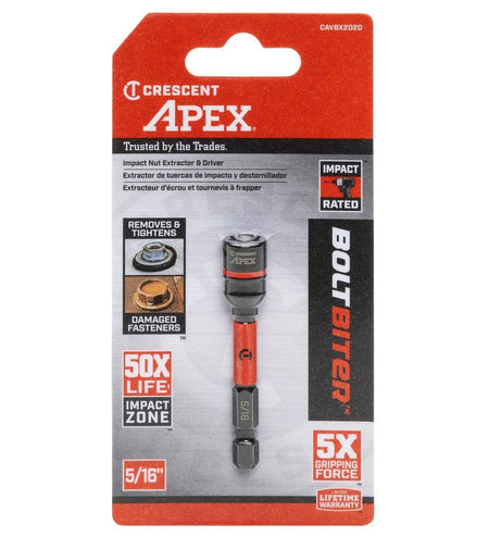 Retail carded packaging for the Crescent Apex CAVBX2D20 5/16 inch impact bolt extractor highlighting its 50X life, 5X gripping force, and bi-directional removal technology.