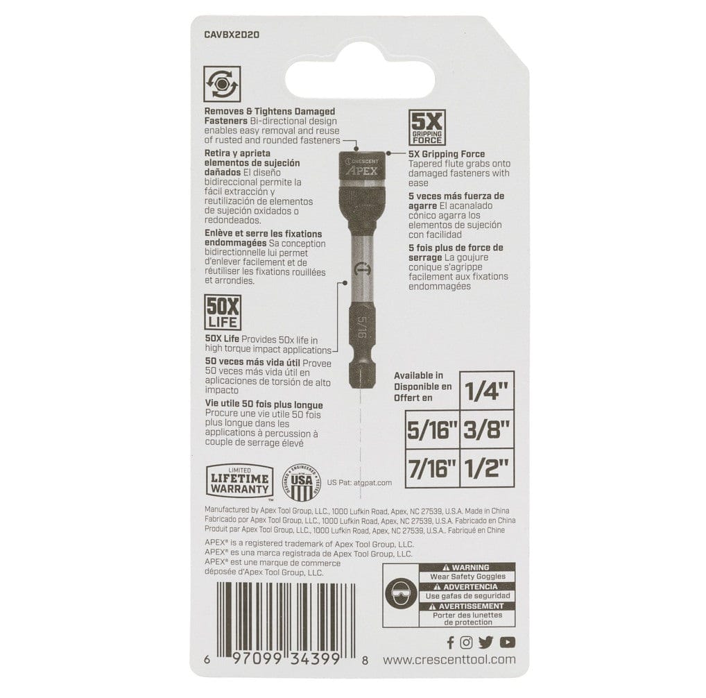 The back of the Crescent Apex CAVBX2D20 retail package detailing technical features such as bi-directional removal and reuse of damaged fasteners and its availability in multiple SAE sizes.