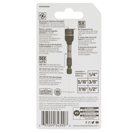 The back of the Crescent Apex CAVBX2D20 retail package detailing technical features such as bi-directional removal and reuse of damaged fasteners and its availability in multiple SAE sizes.
