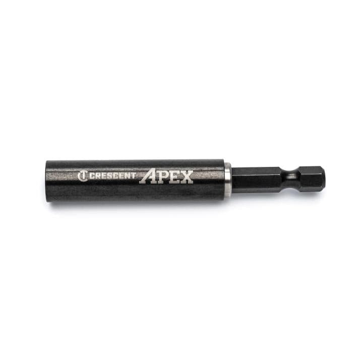 Side profile view of the Crescent Apex CABD3-25 3-inch impact rated magnetic drive guide featuring a metallic sliding sleeve and a 1/4-inch hex quick release shank for fastening.