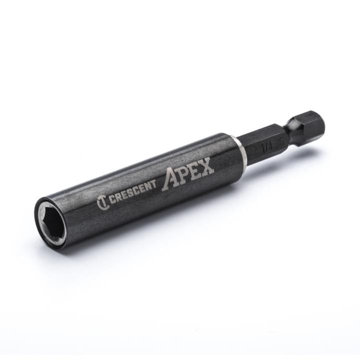 Angled view of the Crescent Apex 3-inch magnetic drive guide extension tool, showing the hollow magnetic bit holder socket and the impact rated 1/4-inch hex base.