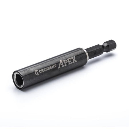 Angled view of the Crescent Apex 3-inch magnetic drive guide extension tool, showing the hollow magnetic bit holder socket and the impact rated 1/4-inch hex base.