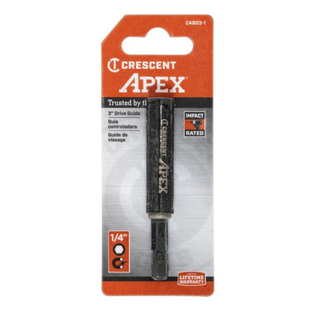 Crescent Apex 1/4-inch hex screwdriver bit holder and drive guide displayed inside its original orange retail packaging, highlighting its impact rated design and limited lifetime warranty.