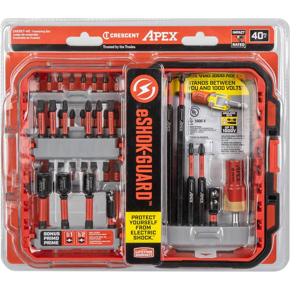 Retail packaging of the Crescent Apex CAESET-40 40-piece eSHOK-GUARD fastening set, featuring a red and black impact-rated insulated bit collection designed for up to 1,000V protection against electric shock.