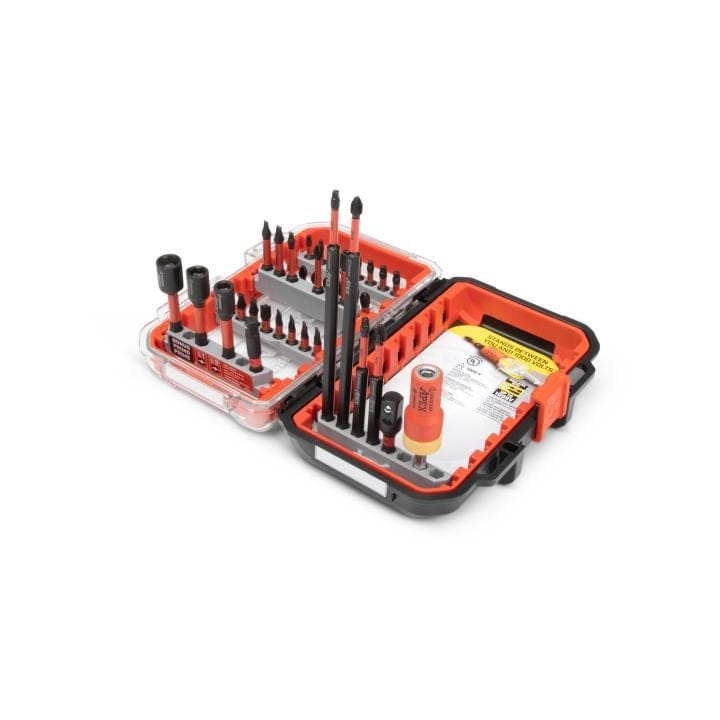 An angled interior view of the Crescent Apex alphaCASE featuring pivoting and detachable rails that provide easy access to a variety of insulated impact-rated drill and drive bits for electrical applications.