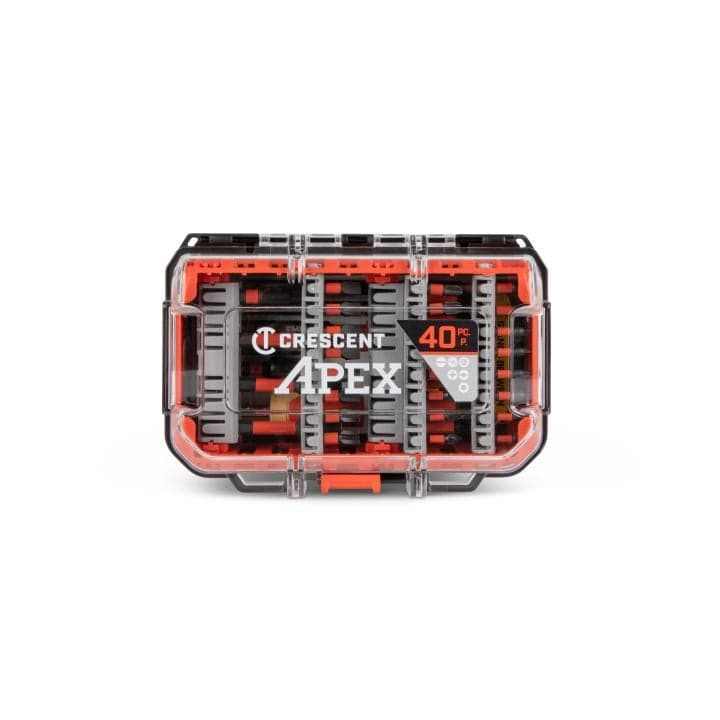 The front exterior of the Crescent Apex alphaCASE featuring a transparent lid for easy identification of the 40-piece impact-rated bit set and a secure orange locking latch.